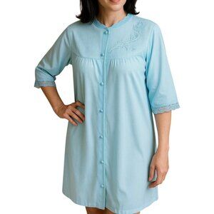 Vintage Texsheen Women's Nylon Robe House Dress Button Up Blue Lace Floral XS
